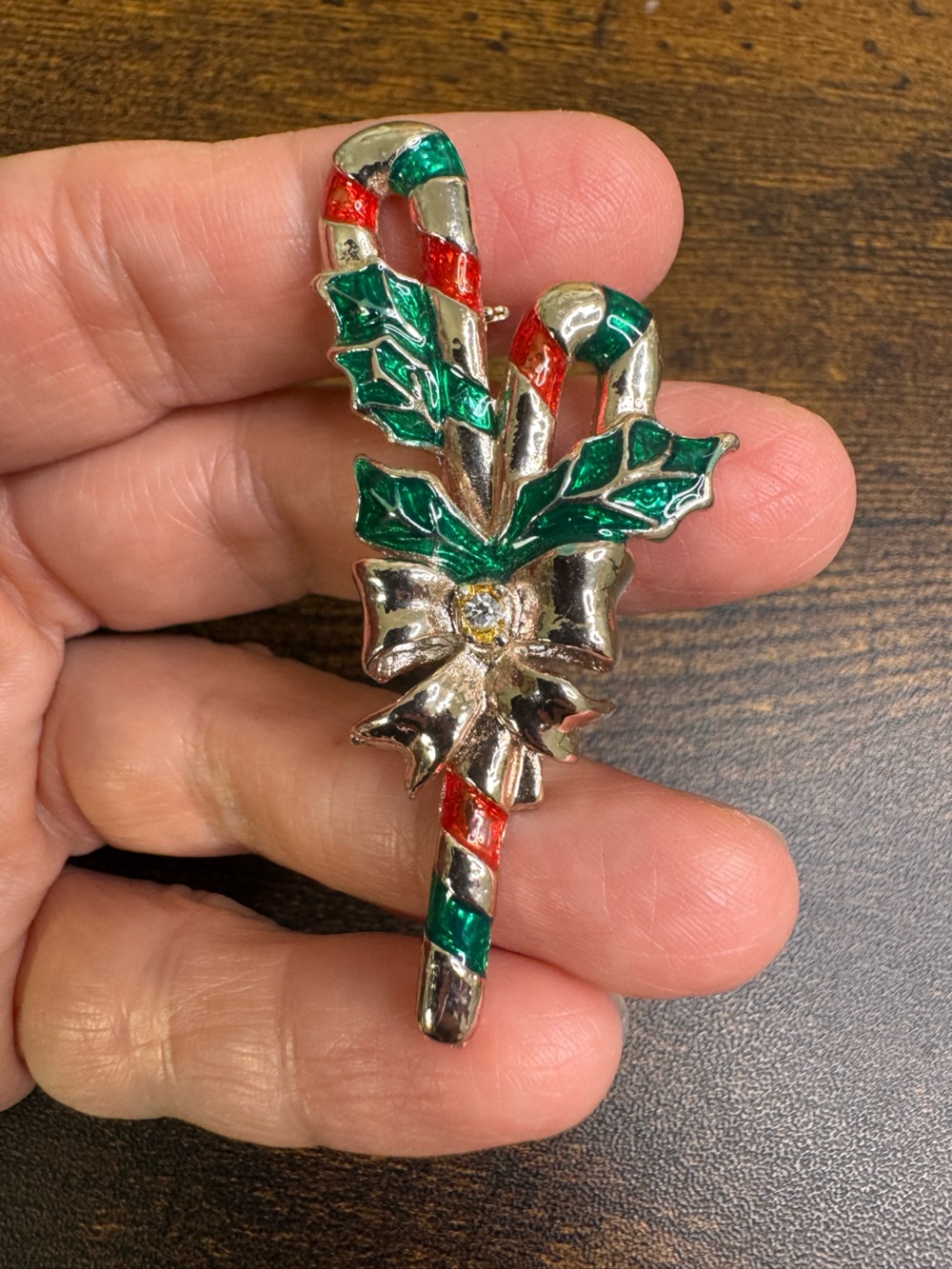 💚4/$20 Vintage Green and Red Candy Cane Brooch with Silver Bow